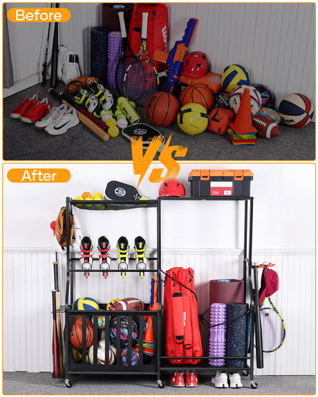 EXTCCT Garage Sports Equipment Organizer with Wheels - Golf Bag Storage Rack and Ball Storage Bins, Heavy Duty Rolling Garage Organizer System with Basket and Hooks for Indoor/Outdoor Sports Gear EXTCCT