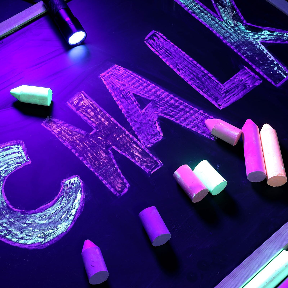 12 Pcs 6 Color Glow in the Black Lights Chalk UV Neon Sidewalk Chalk and 2 Pcs UV Flashlight Outdoor Dustless Black Light Party Supplies for Birthday Gift Painting Drawing on Chalkboard Playground Weewooday