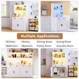 JDPAG LED Kitchen Pantry Cabinet with Outlets, Farmhouse Storage Cabinet with Drawers & Adjustable Shelves, Cupboard with Pegboard and Hooks for Dining Room (White), Large JDPAG