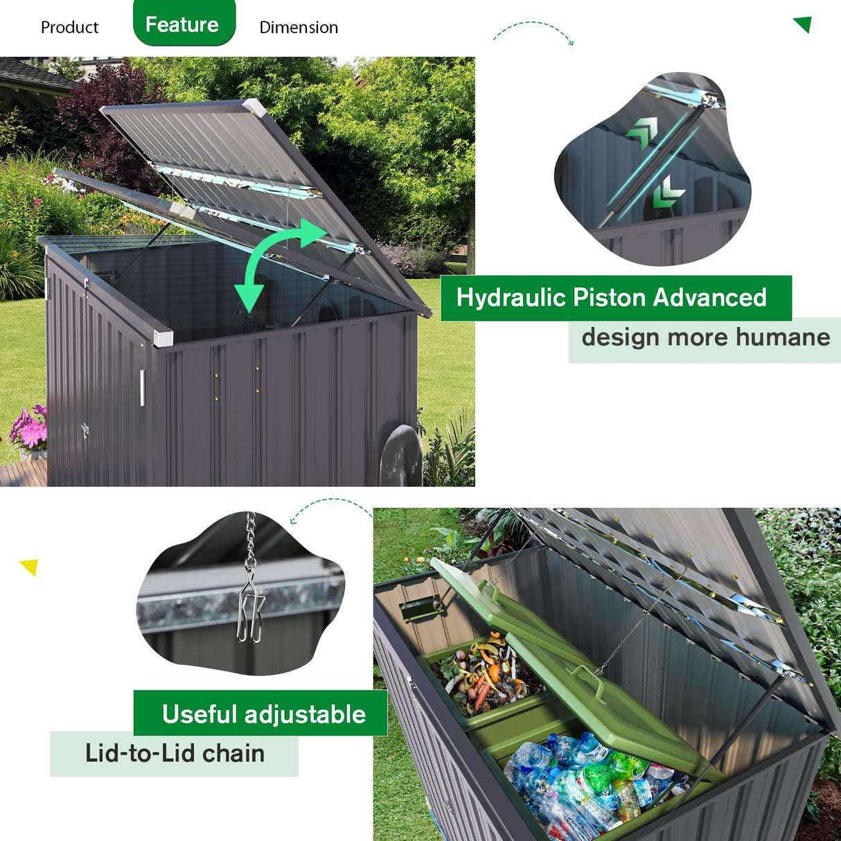 AECOJOY Outdoor Trash Can Storage Shed, 46 Cu.Ft Outside Garbage Can Storage Shed, Dark Grey Outdoor Horizontal Storage Cabinet Waterproof, Bike Sheds & Outdoor Storage Clearance AECOJOY