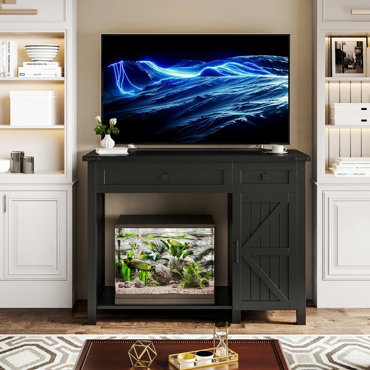 Saudism 40 Gallon Aquarium Stand With Charging Station, Farmhouse Fish Tank Stand, Reptile Tank Stand Terrarium Stand with Drawer and Cabinet Storage, Sturdy Heavy Duty 41.9"×18.3" Tabletop - Black Saudism