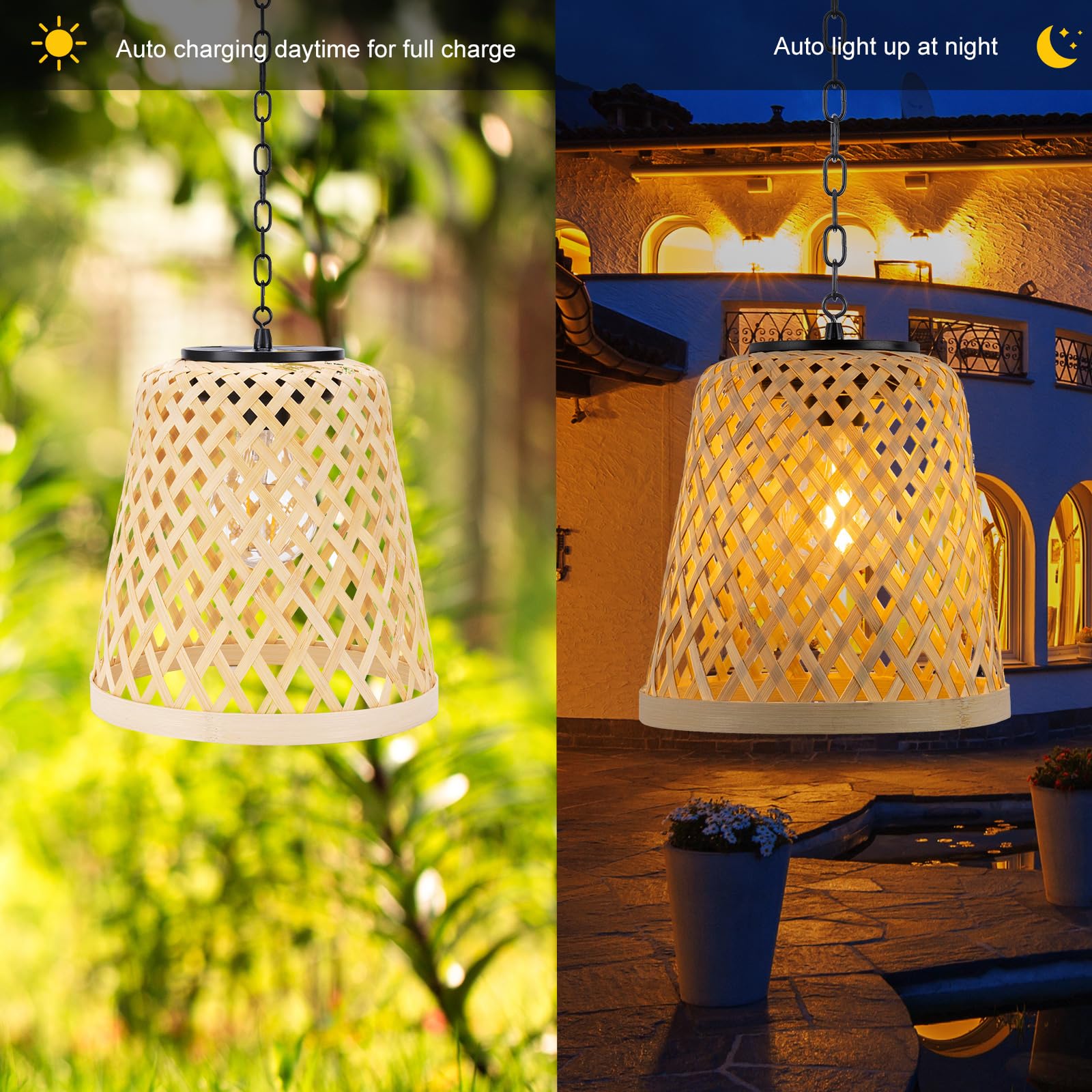 Livinlarge 2-Pack Bamboo Woven Outdoor Chandelier Small Hanging Rattan Solar Pendant Lights Modern Retro Boho Pendant for Gazebo Yard Porch Patio Garden Backyard Decor - WoodArtSupply