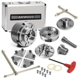 4.5" Woodlathe Chuck, Thread 1-1/4"x8TPI", Dovetail Jaws, Pin Jaws, 8" Flat Jaws, Step Jaws, Wide Jaws, Wood Screw, Thread adaptor to 1"x8TPI, Two Nylon Washers, Two Chuck Keys and T Handle Allen Key. BMWOOD