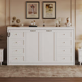 SOFTSEA Twin Size Murphy Bed with LED Light, 2 in 1 Murphy Bed Cabinet, Wooden Wall Bed Cabinet for Small Spaces, No Box Spring Needed, White+Brown SOFTSEA