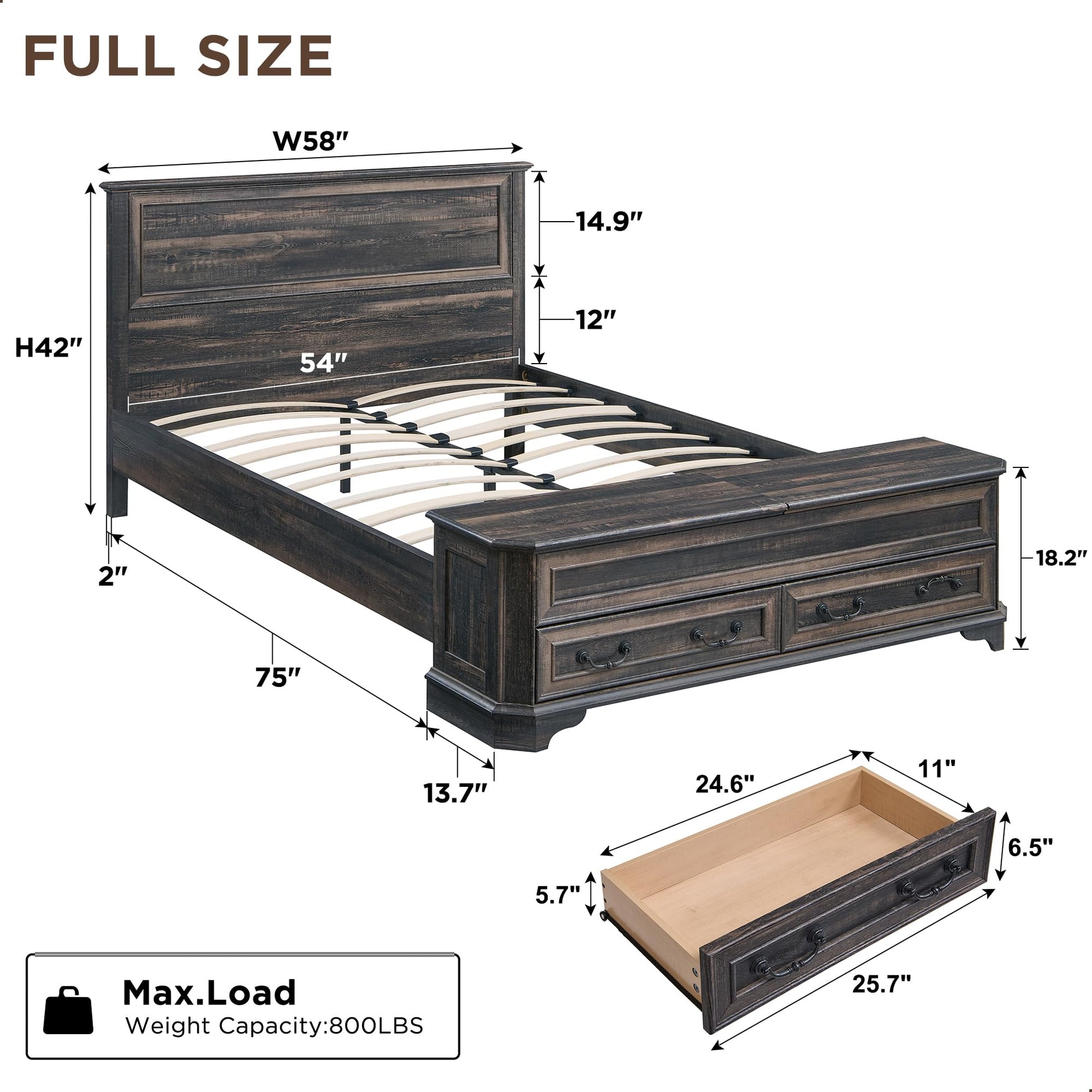 T4TREAM Farmhouse Full Bed with Headboard and Storage Bench, Rustic Wood Platform Bed with 58" Storage Chest w/ 4 Large Storage Drawer, Dark Rustic Oak - WoodArtSupply