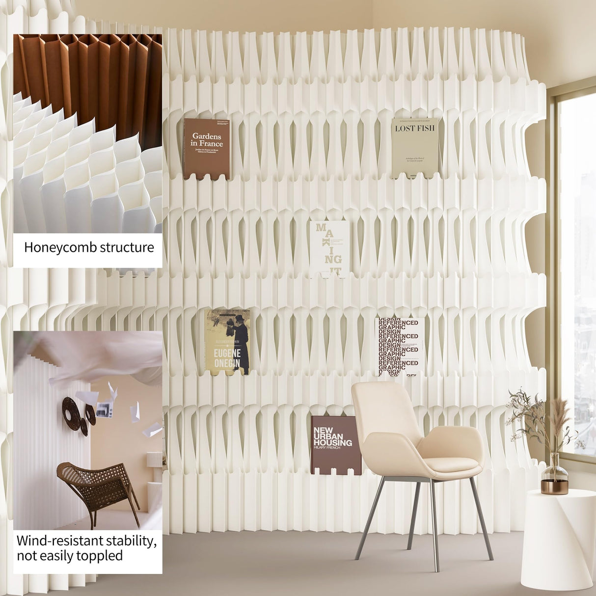 Folding Paper Room Divider Bookshelf with 3 Tier Storage Shelves, Portable DIY Decorative Privacy Screens Partition Wall for Space Separation/Home/Office/Library/Exhibition HELLOPAPO