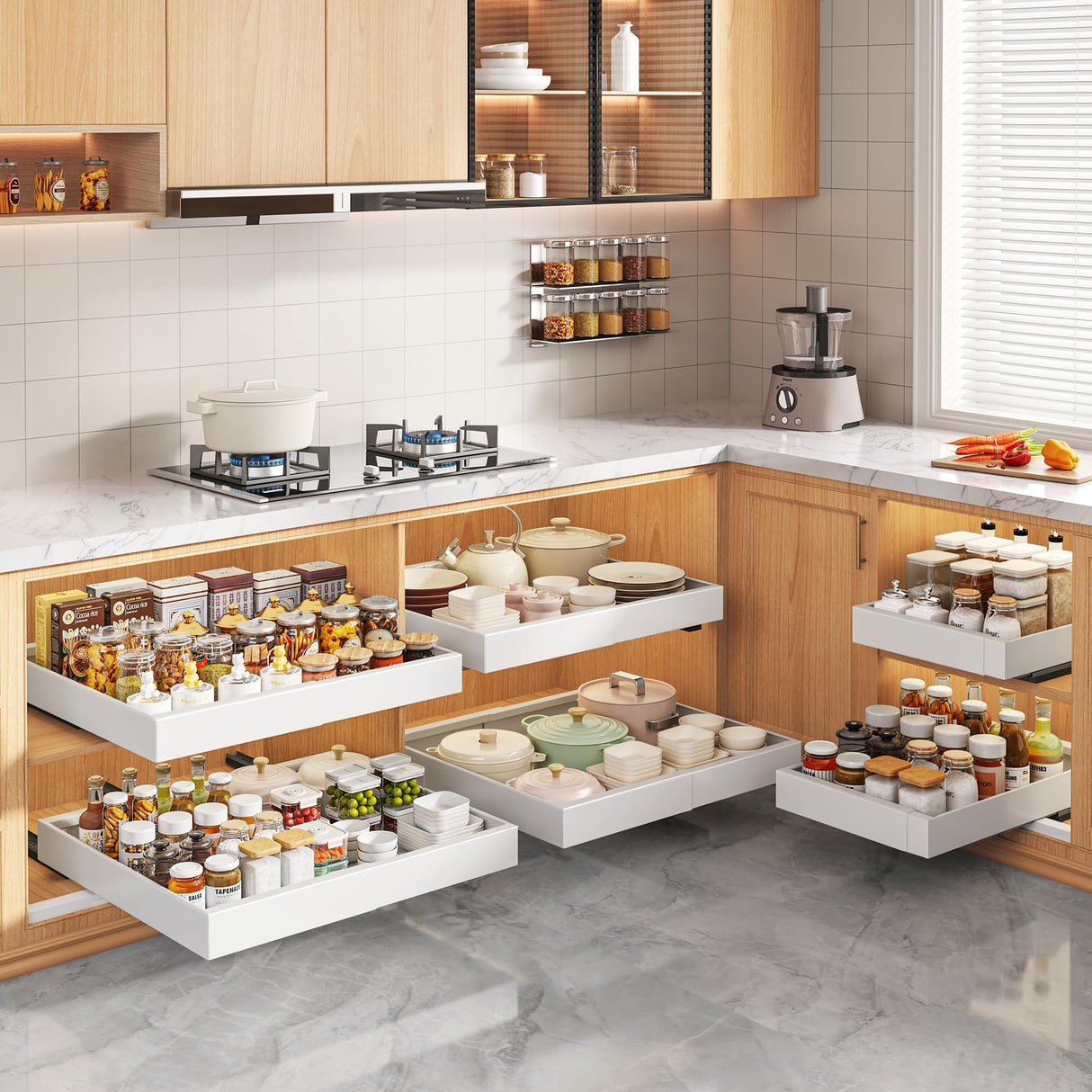 Seinloes 2 Pack Pull Out Cabinet Organizers 21"Deep With Raising Pad for Framed Cabinets,Expandable Slide Out Drawers Upgrade 3 Slide Rails,Roll Out Shelves Adhesive,Adjustable Width 12"-20.45" White Seinloes