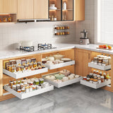 Seinloes 2 Pack Pull Out Cabinet Organizers 21"Deep With Raising Pad for Framed Cabinets,Expandable Slide Out Drawers Upgrade 3 Slide Rails,Roll Out Shelves Adhesive,Adjustable Width 12"-20.45" White Seinloes