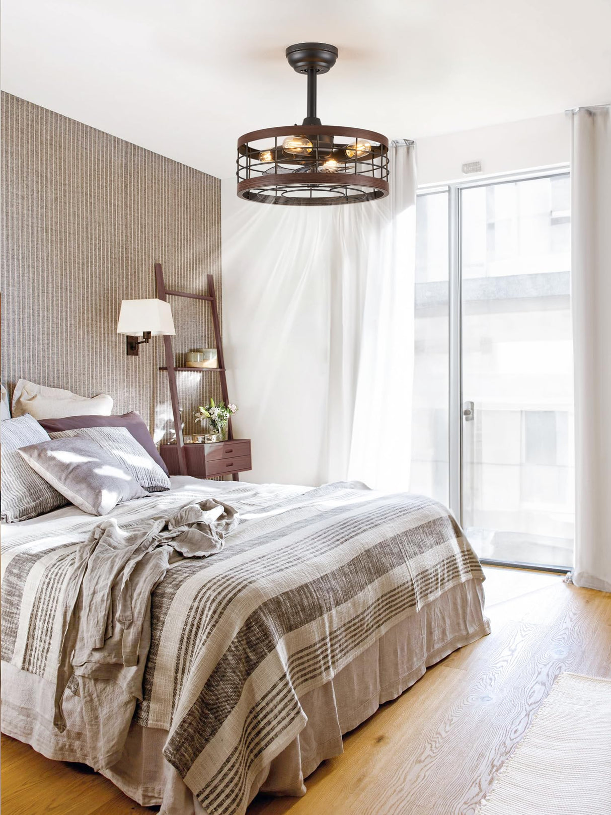 LEDIARY 16.5in Caged Ceiling Fan with Light, Bladeless Industrial Ceiling Fan with Remote, Rustic Metal Fan Lights Ceiling Fixtures for Kitchen, Farmhouse, Bedroom（6 Speed,1/2/4/8h Timing）-Walnut LEDIARY