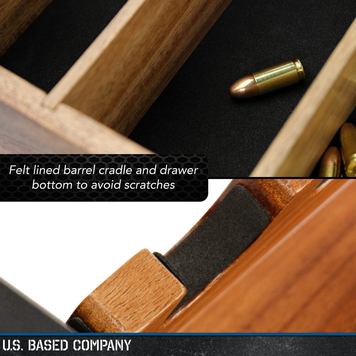 Tactical45 Pistol Rack for Gun Safe Shelf - 4 Slot Wooden Handgun Rack with Divided Ammo Drawer - Revolver and Firearm Accessories Organizer - Bedside Gun Holder for Nightstand or Desktop Tactical45