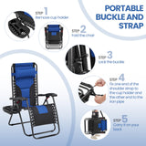 Yaheetech Padded Zero Gravity Recliner, Foldable Outdoor Patio Chairs, Adjustable Anti Gravity Lounger for Backyard Camping w/Carry Strap, Cup Holder, Pillow Navy Blue/Black Set of 2 Yaheetech