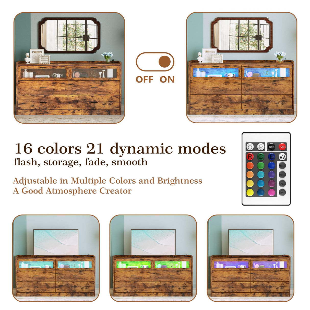 LIKIMIO 6 Drawer 59" Dresser with LED and Power Strip, Wood Dressers & Chests of Drawers for Bedroom Living Room, Rustic Brown LIKIMIO