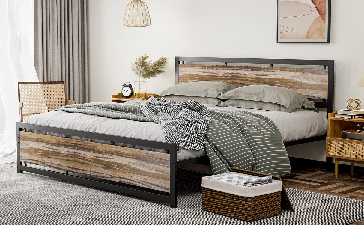 IKIFLY California King Size Industrial Metal Bed Frame with Wooden Headboard and Footboard IKIFLY
