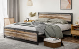 IKIFLY California King Size Industrial Metal Bed Frame with Wooden Headboard and Footboard IKIFLY