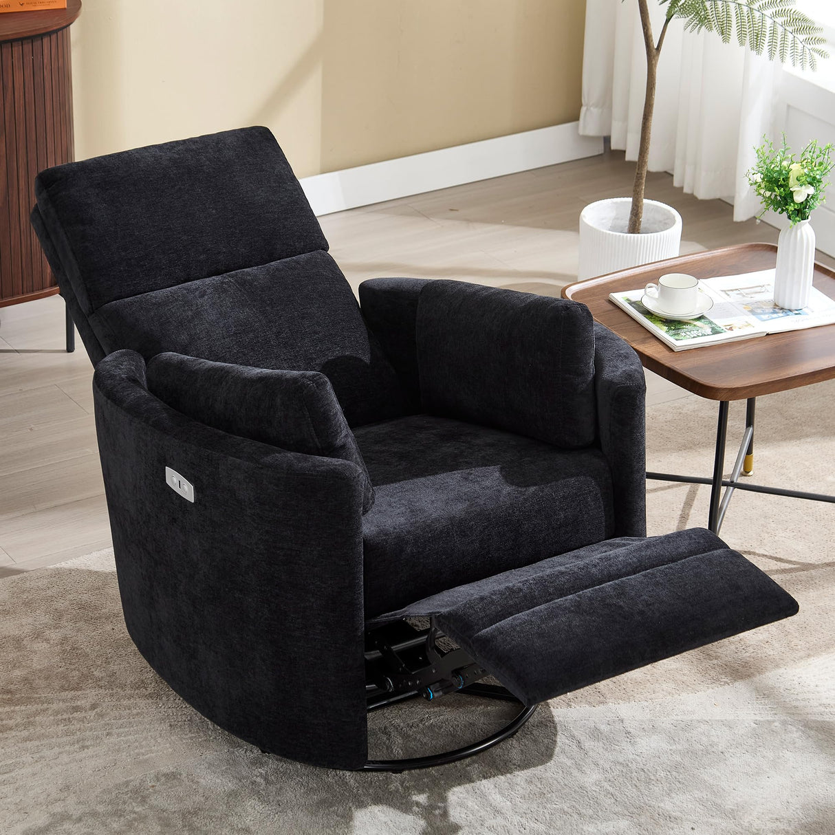 Recliner Swivel Glider Electric Rocking Chair with USB Port,Multifunction Upholstered Power Recliner Rocking Chair for Living Room Bedroom Nursery Adult with 2 Pillows(Black, Power-Driven) choairy