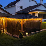 PURPLE LEAF 10' X 12' Outdoor Hardtop Gazebo for Patio Galvanized Steel Double Roof Permanent Canopy Teak Finish Coated Aluminum Frame Pavilion Gazebo with Netting and 24 Solar String Lights PURPLE LEAF