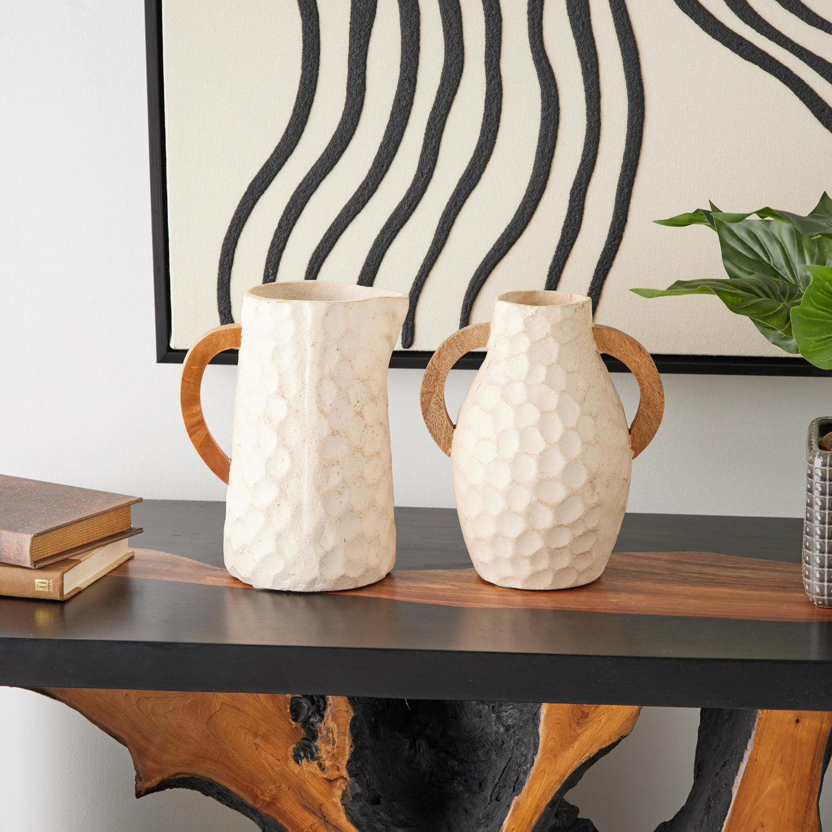 Deco 79 Paper Mache Decorative Vase Honeycomb Inspired Jug Centerpiece Vases with Brown Wooden Handles, Set of 2 Flower Vases for Home Decoration 6" W,9" H, Beige Deco 79