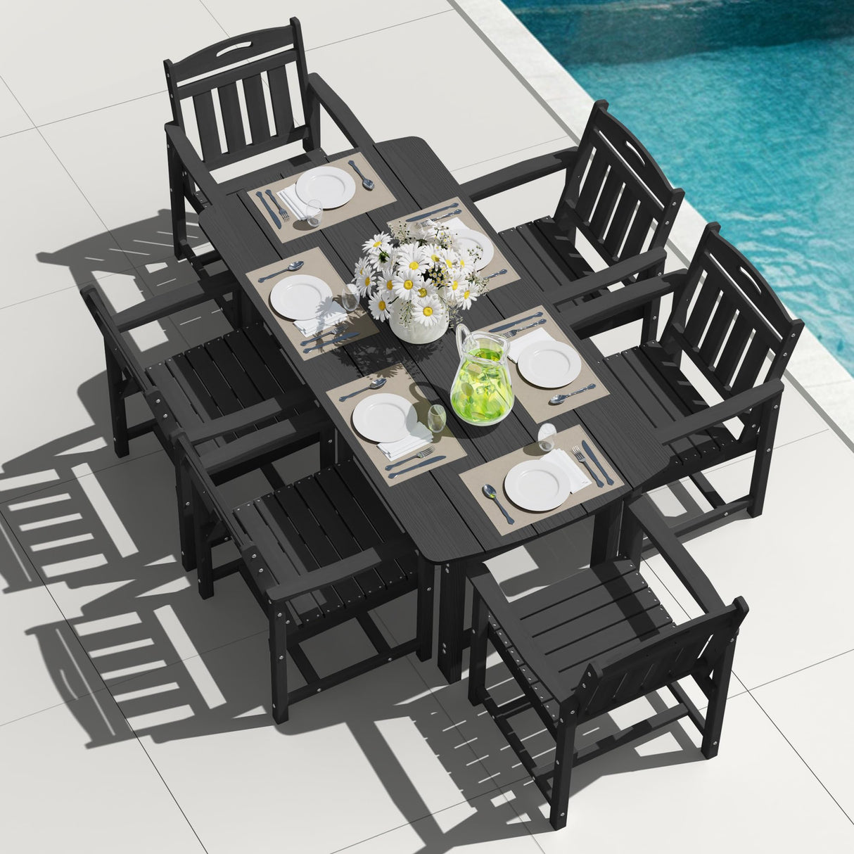 SUUNYN HDPE Outdoor Patio Dining Set with Table & 6 Chairs, All-Weather 7-Piece Outdoor Table and Chairs, 2" Umbrella Hole, Patio Furniture for Garden, Backyard, Deck | Matte Black SUUNYN