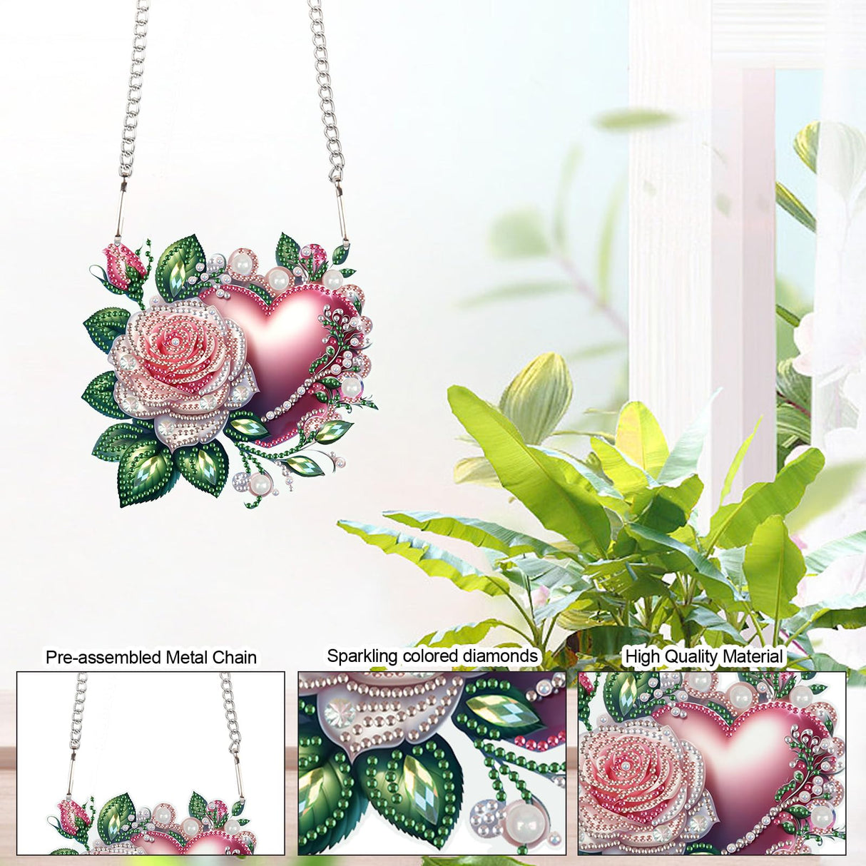 AiYuanzsh 5D Diamond Painting Hanging Pendant, DIY Rose and Heart Diamond Art Kit for Adults, Crystal Rhinestone Window Decoration, Wall and Home Ornament Gift AiYuanzsh