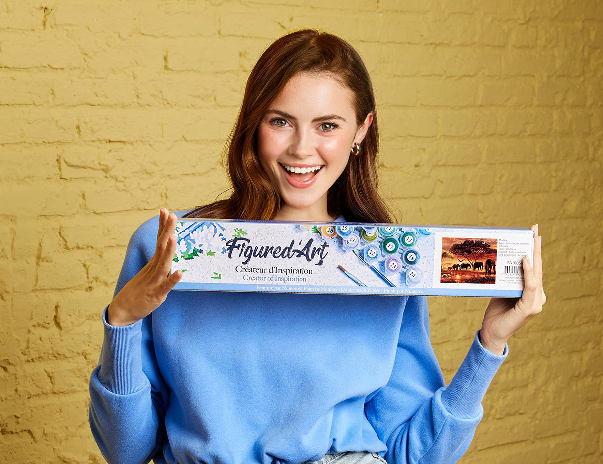 Figured'Art Paint by Numbers Kit for Adults Elephants at Sunset 16"x20" - Craft Art Painting DIY Kit Rolled Canvas Without Frame Figured'Art