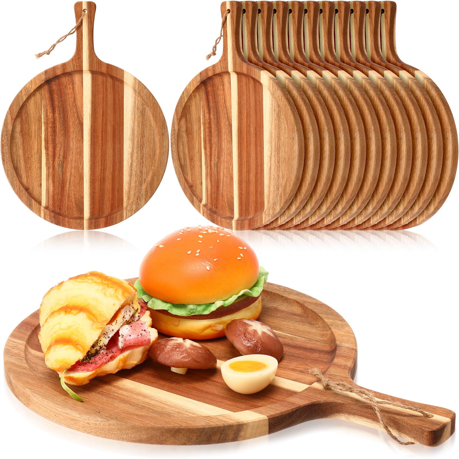 Tanlade 12 pcs Acacia Wood Cutting Board with Handle, Wooden Serving Board, Round Kitchen Chopping Boards Pizza Tray Paddle for Bread, Cheese Charcuterie, Fruit, Vegetables - WoodArtSupply