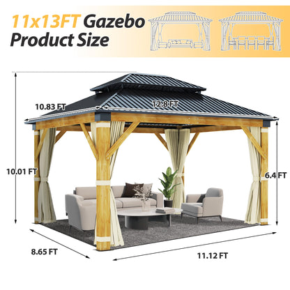 11'x13' Wood Gazebo, Hardtop Cedar Gazebo with Double Roof Galvanized Steel Top, Outdoor Solid Wooden Gazebo with Curtain & Netting for Garden, Patio, Deck, Backyard