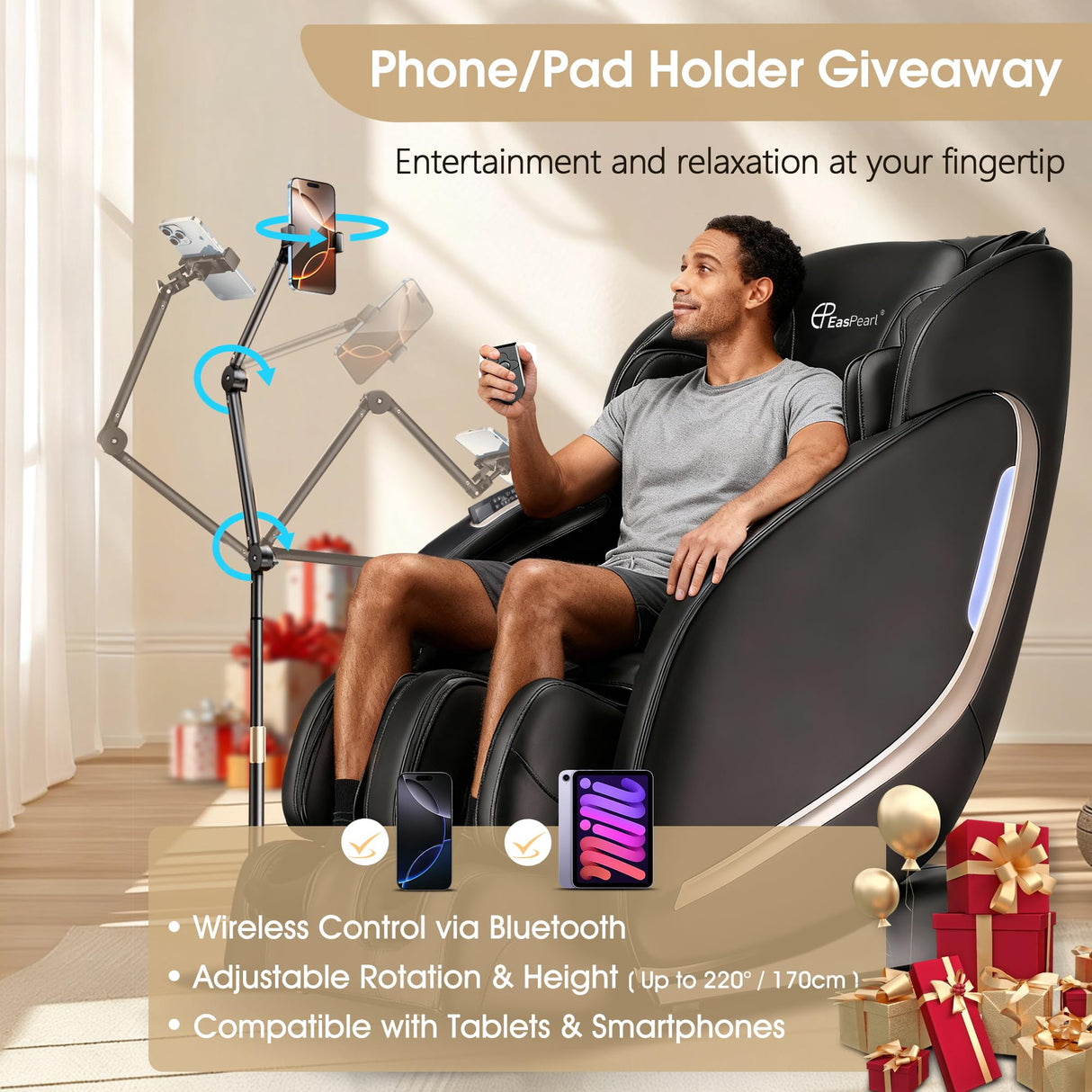 EASPEARL 2025 Massage Chair Full Body,SL-Track Zero Gravity Massage with Heat,APP Control,Airbags,Bluetooth Speaker,12 Auto Modes,3-Row Foot Rollers,Body Scan(Black) EASPEARL