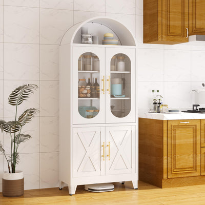 73" Metal Tall Arched Kitchen Pantry Cabinet,Arched Cabinet,Arched Bookshelf China/Curio Cabinet Farmhouse Kitchen Storage Cabinets with 4 Doors&3 Adjustable Shelves,Glass Door for Kitchen,Dining Room