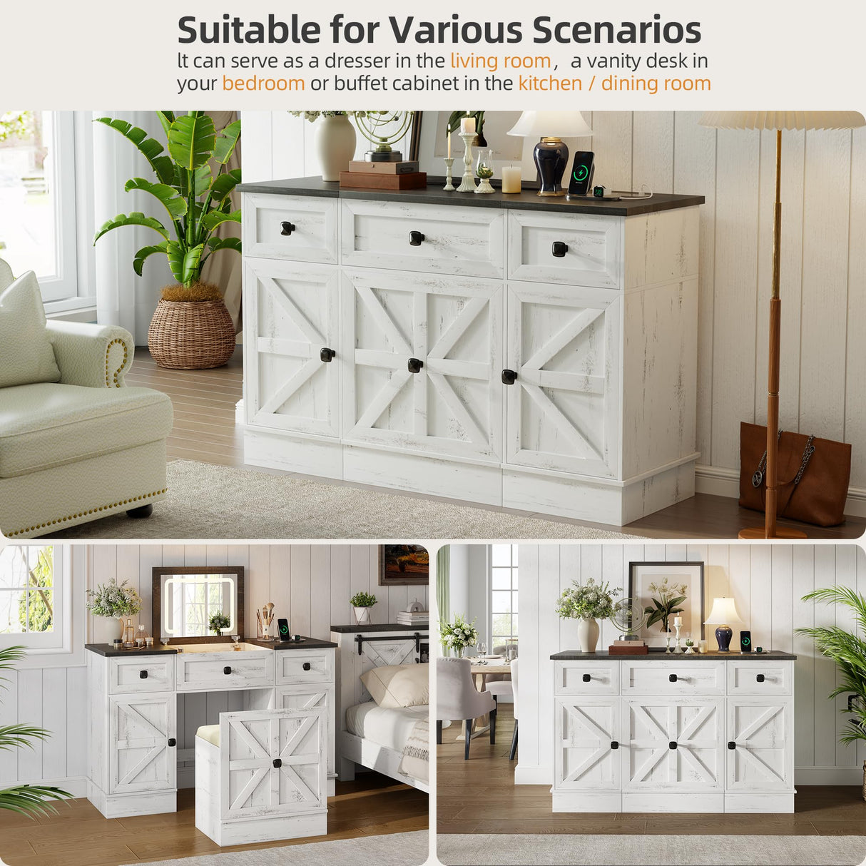 JDPAG Farmhouse Vanity Desk with Flip Top Mirror and Lights, Makeup Vanity Table with 2 Adjustable cabinets,2 Drawers and Hidden Storage Stool, Charging Dressing Table Set for Bedroom,White JDPAG