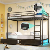 Rolanstar Metal Bunk Bed Twin Over Twin with USB Charging Station, LED Bunk Bed with 2 Storage Drawers, Bed with Safety Guardrail & Ladders, No Box Spring Needed, Easy Assembly, Black Rolanstar