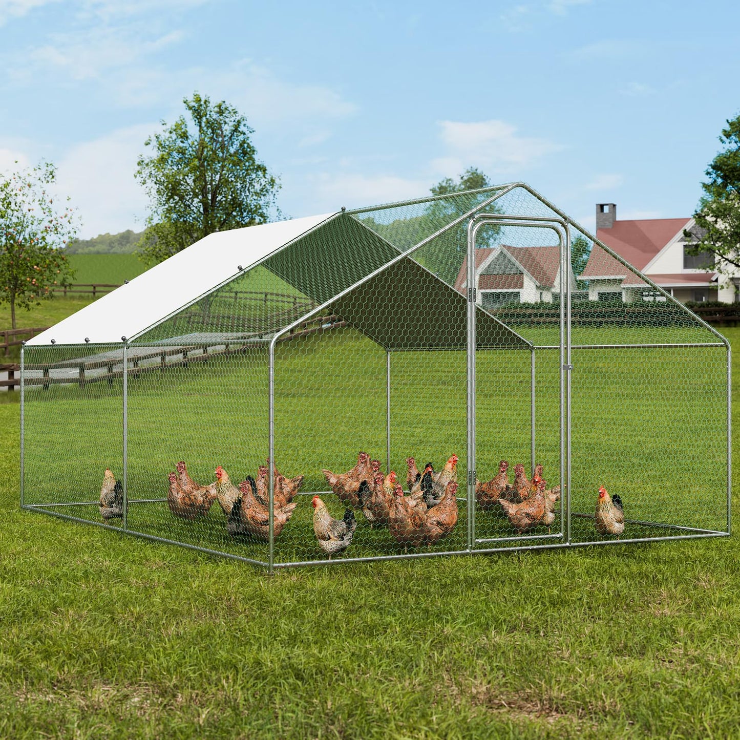 VEVOR Large Metal Chicken Coop, 12.9x9.8x6.5 ft Walk-in Chicken Runs for Yard with Cover, Spire Roof Hen House with Security Lock for Outdoor and Backyard, Farm, Duck Rabbit Cage Poultry Pen