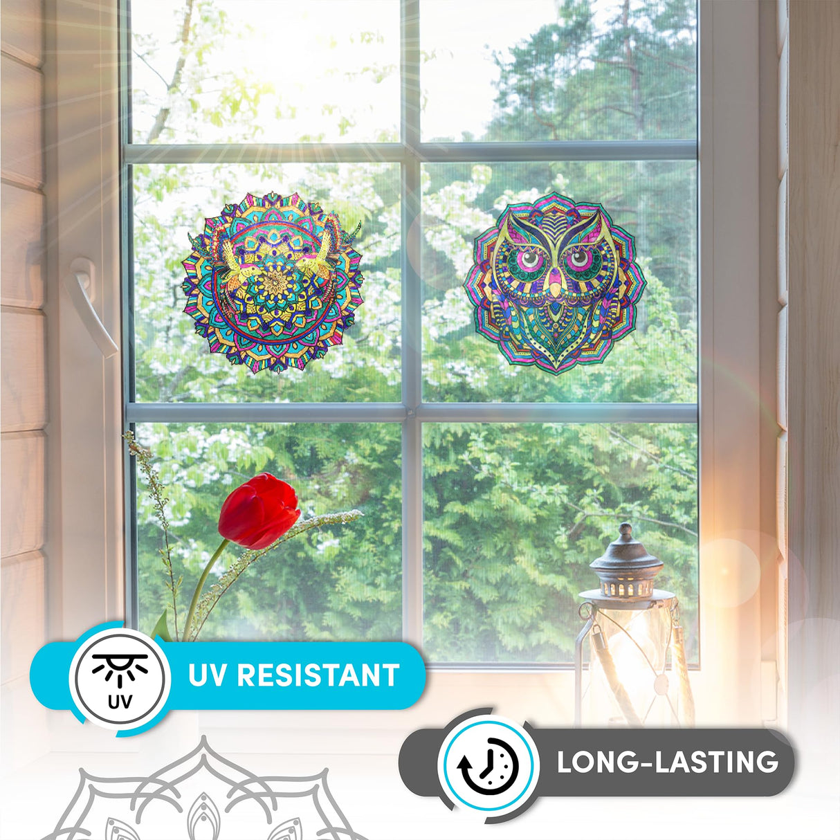 Hula Home Stained Glass Mandala Art Kit - Animal DIY Window Clings with Markers, 10 Suncatchers - Perfect Hobby for Adults, Kids, Teens & Seniors - Ideal Gift for Beginners, Women & Elderly - New Hula Home
