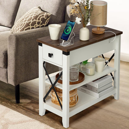 Awescuti Narrow End Table with Charging Station - Farmhouse Slim Side Table Set of 2, w/USB Ports Power Outlets, Nightstand w/Flip Top Storage Drawer, for Small Spaces Living Room Bedroom, Br - WoodArtSupply