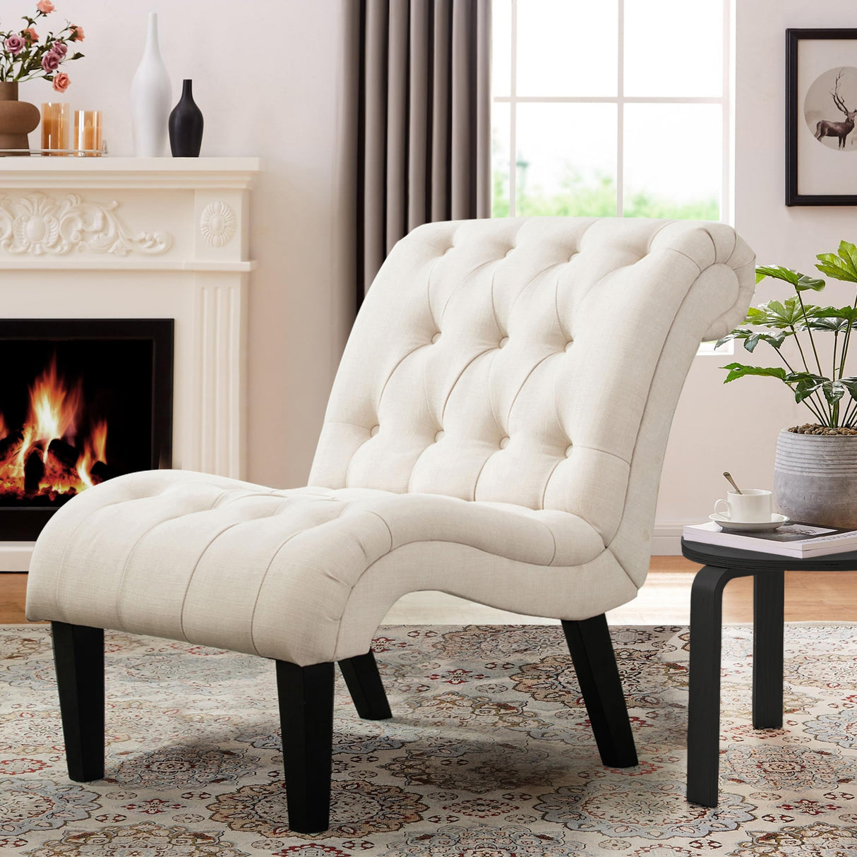 Yongqiang Accent Chair for Bedroom Living Room Chairs Tufted Upholstered Lounge Chair with Wood Legs Linen Fabric Yongqiang