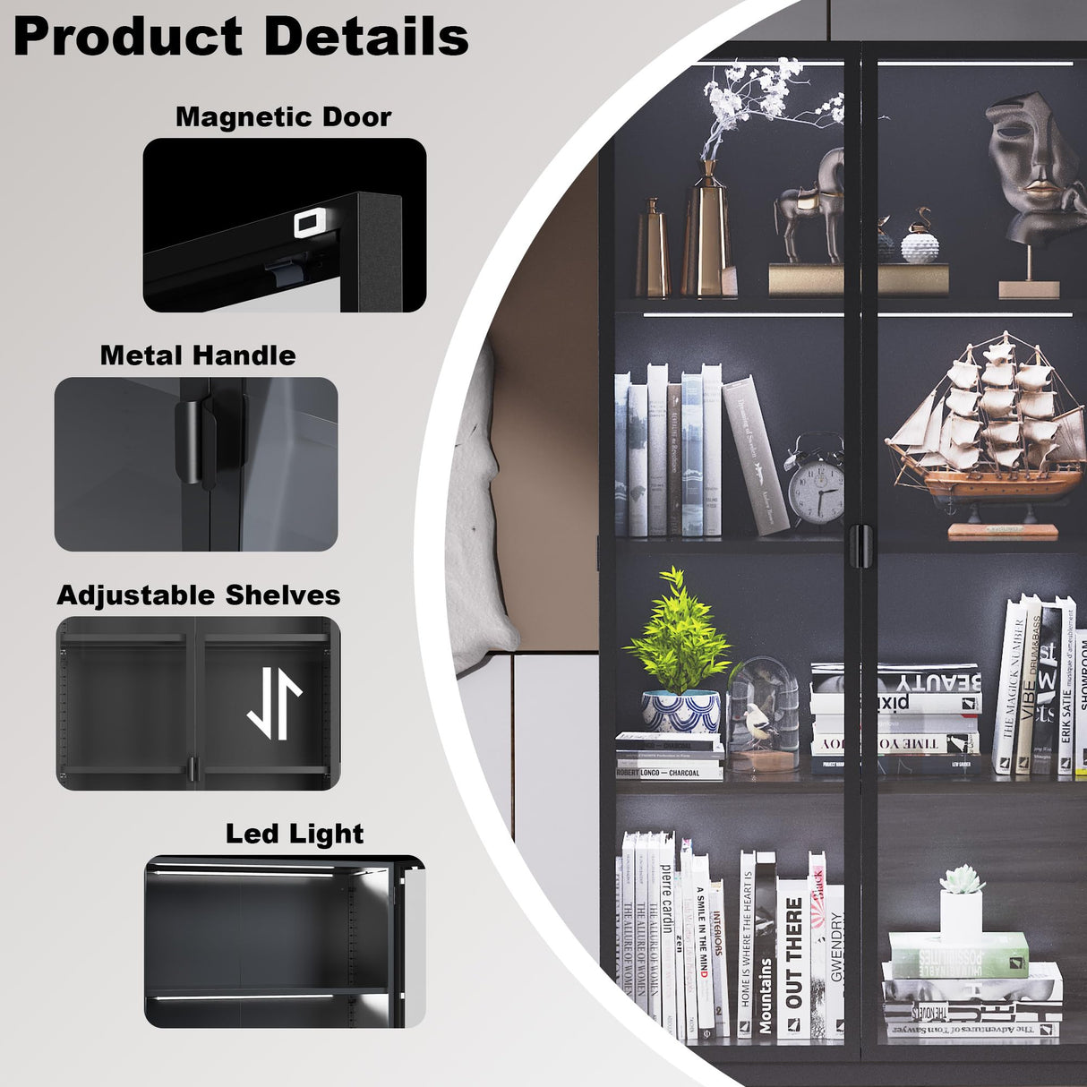 Kelueo Display Cabinet with Glass Doors,Tall Glass Display Cabinet with LED Lights,Display Cabinets for Collectibles with 3 Adjustable Shelves for Living Room,Bedroom,Office Assemble Required Kelueo