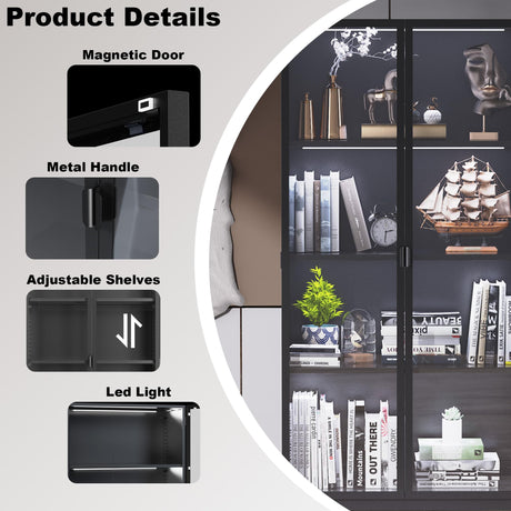 Kelueo Display Cabinet with Glass Doors,Tall Glass Display Cabinet with LED Lights,Display Cabinets for Collectibles with 3 Adjustable Shelves for Living Room,Bedroom,Office Assemble Required Kelueo