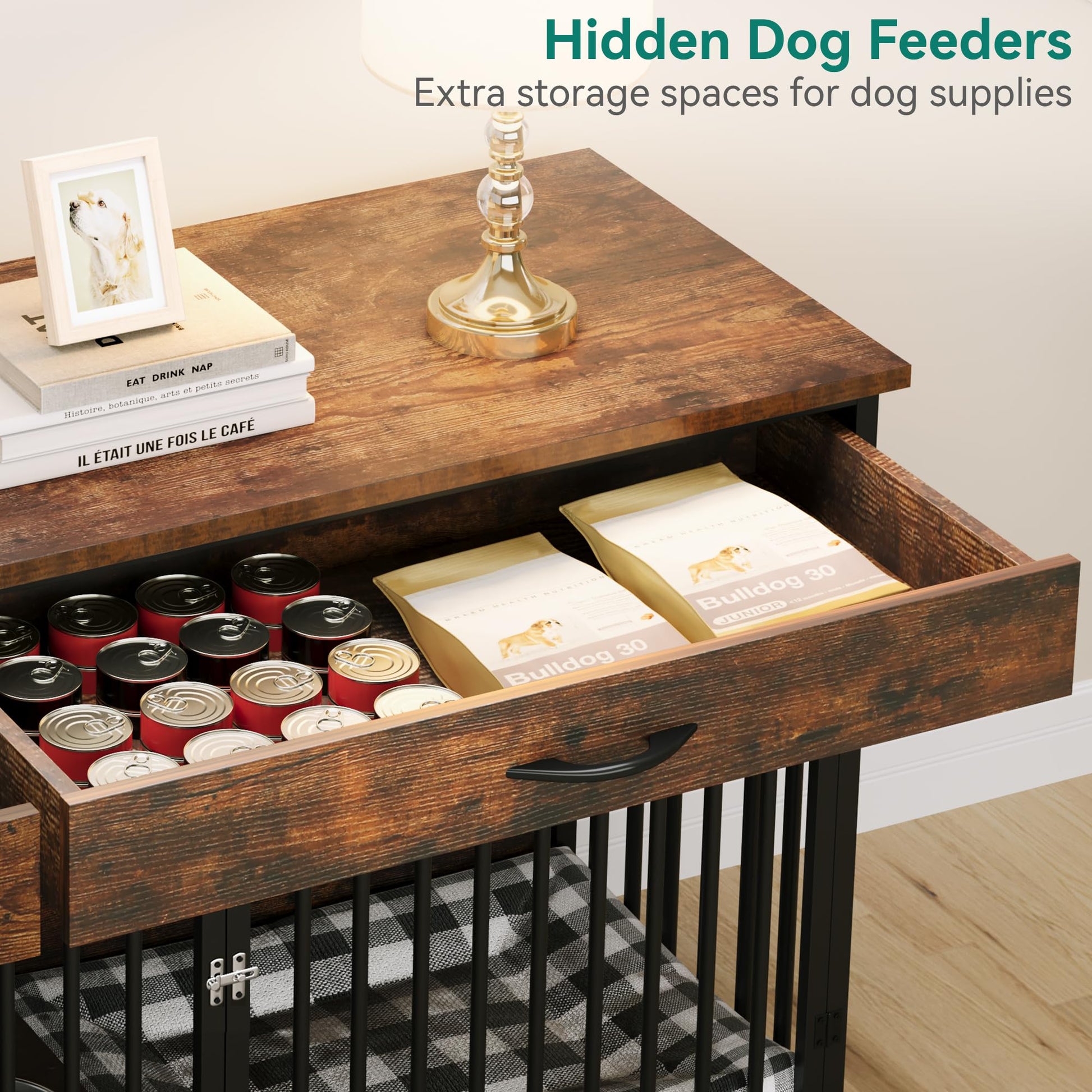 YITAHOME Double Dog Crate Furniture with Feeder, 74.8" Indoor Dog Kennel for Large Breed with Storage, Wooden Dog Crate TV Stand Table for 2 Small Medium Dogs, Rustic Brown - WoodArtSupply