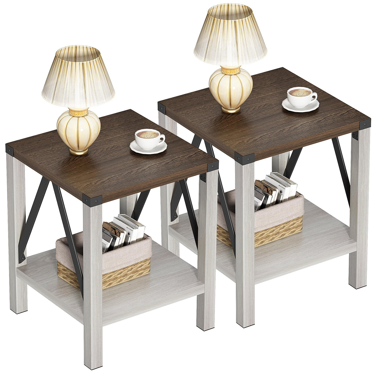 Treocho Farmhouse End Table Set of 2, Rustic Vintage Nightstand Side Table with Shelf for Living Room, Antique White & Brown Treocho