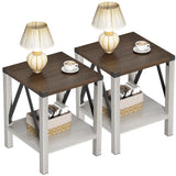 Treocho Farmhouse End Table Set of 2, Rustic Vintage Nightstand Side Table with Shelf for Living Room, Antique White & Brown Treocho