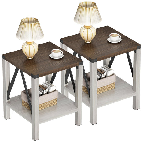 Treocho Farmhouse End Table Set of 2, Rustic Vintage Nightstand Side Table with Shelf for Living Room, Antique White & Brown Treocho