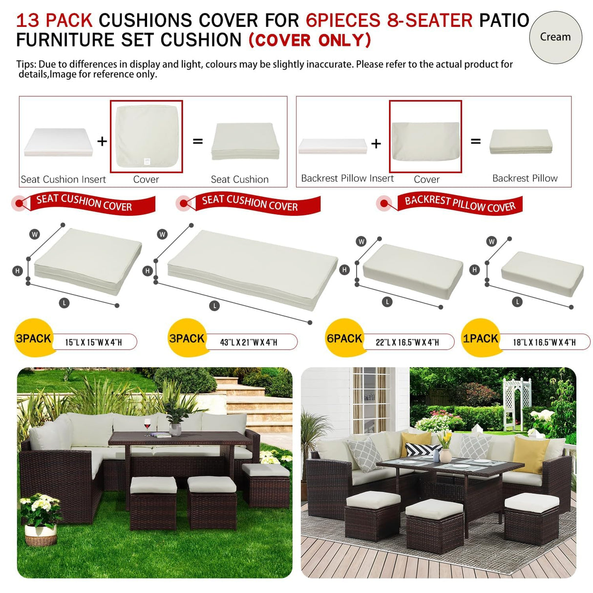 ClawsCover 13Pack Outdoor Seat and Back Cushions Replacement Covers Fit for 7Pieces Wicker Rattan Patio Furniture Set Sectional Couch with Dining Table and Ottoman,Cream-Include Cover Only ClawsCover