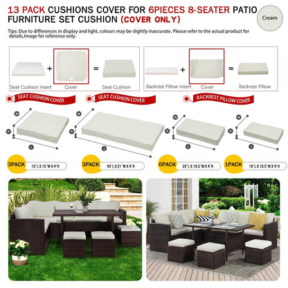 ClawsCover 13Pack Outdoor Seat and Back Cushions Replacement Covers Fit for 7Pieces Wicker Rattan Patio Furniture Set Sectional Couch with Dining Table and Ottoman,Cream-Include Cover Only