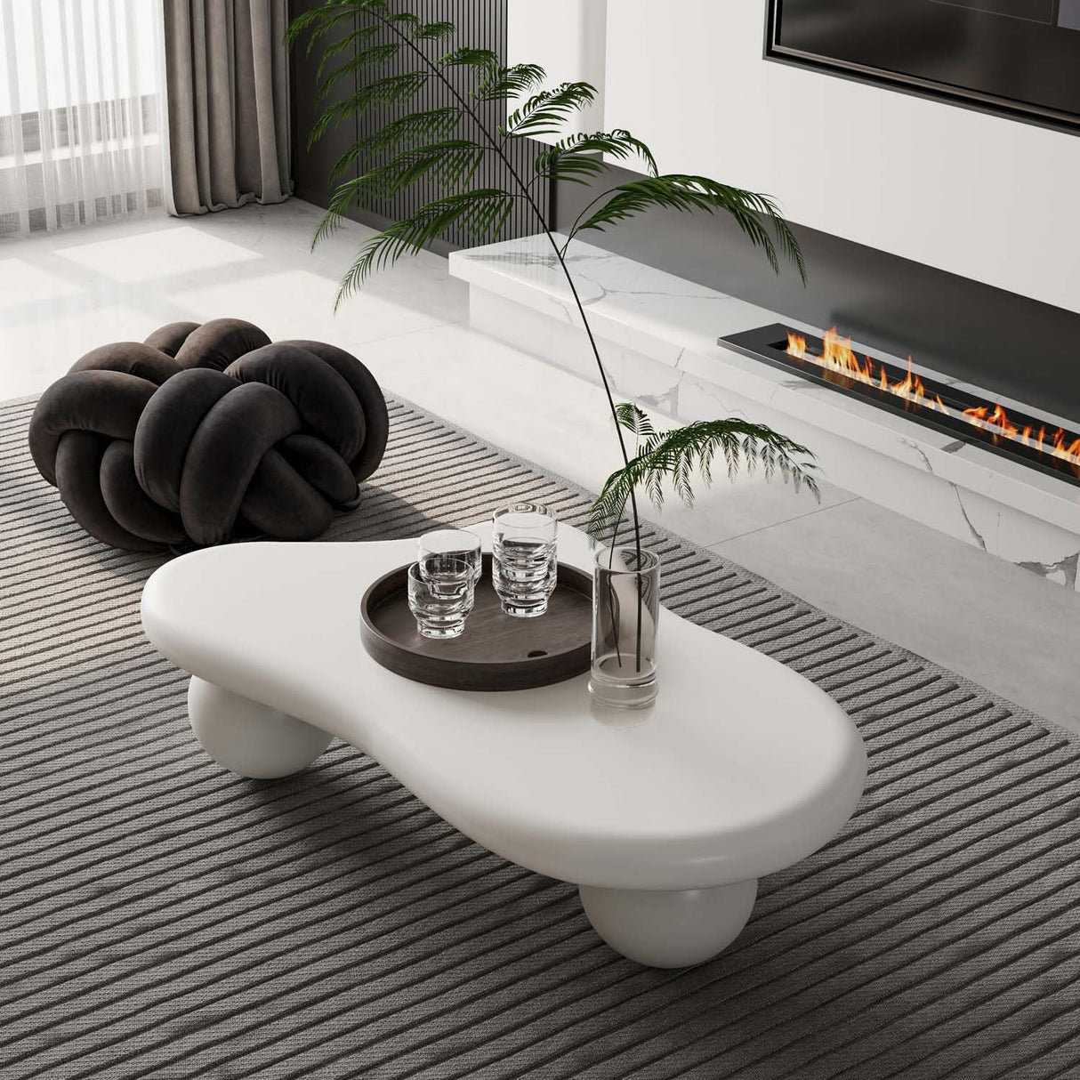 47" Modern White Coffee Table Cloud Shape Low Center Table Cute Irregular Indoor Tea Table with 3 Ball Legs for Living Room Small Space FGXJY