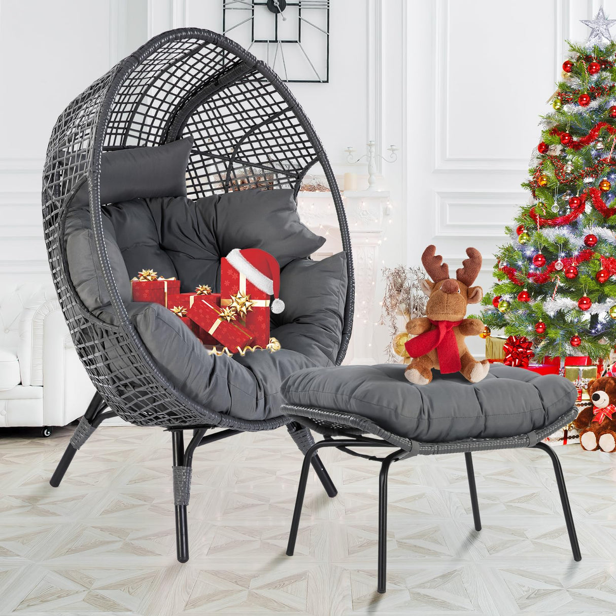 NICESOUL Patio Egg Chair with Ottoman, Big Oversized 440lbs Half-Egg Shape Chair w/Footstool, Comfortable Boho Rattan Lounger Chair w/Cushion for Reading, Living Room, Indoor, Exteriors, Porch,Gray NICESOUL