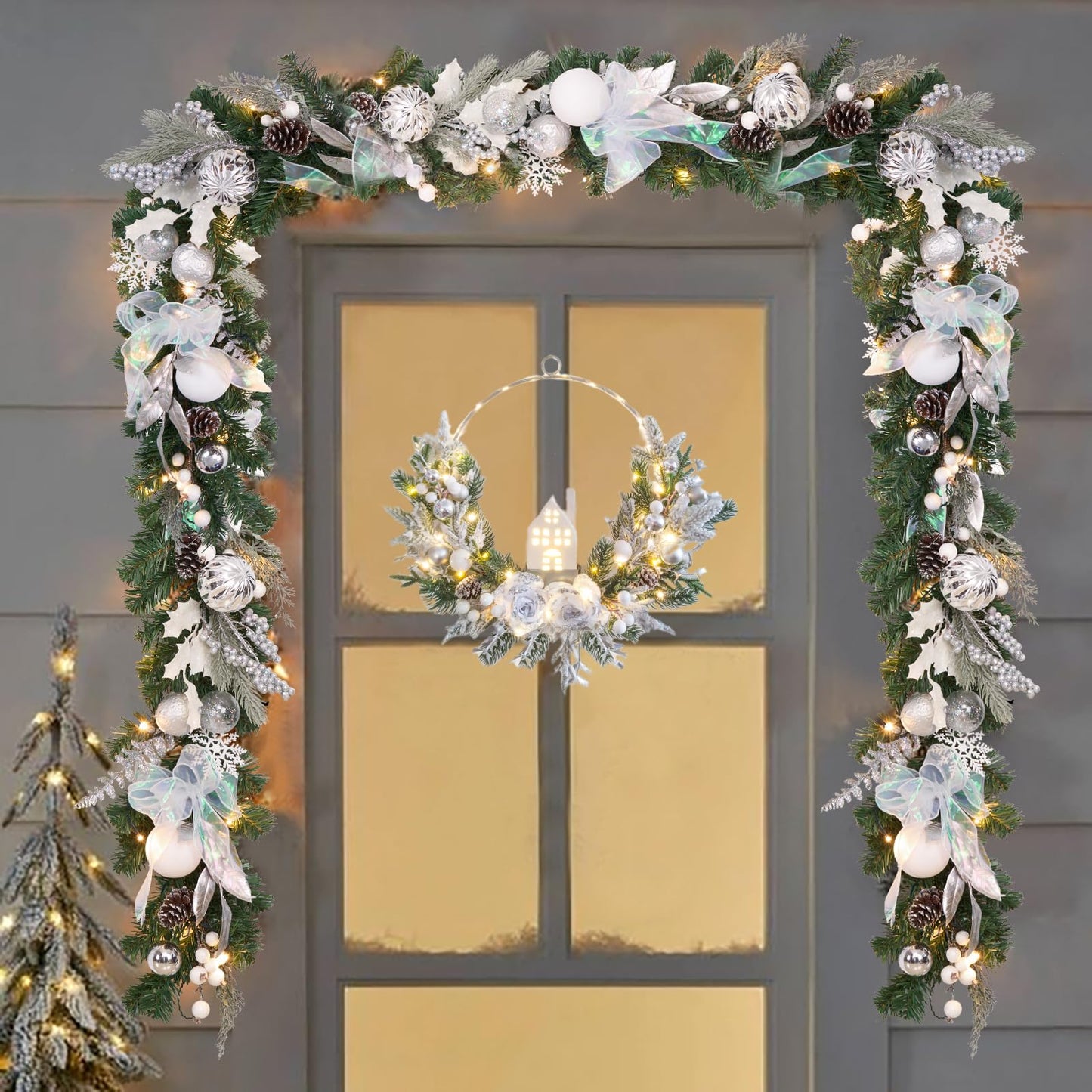 prelit Christmas Hoop Wreath with Lighted House,Farmhouse Winter Wreath with Lights,16inch Silver White Christmas Wreath for Front Door, Winter Xmas Holiday Porch Decor,Modern Mantel Decoration Gift