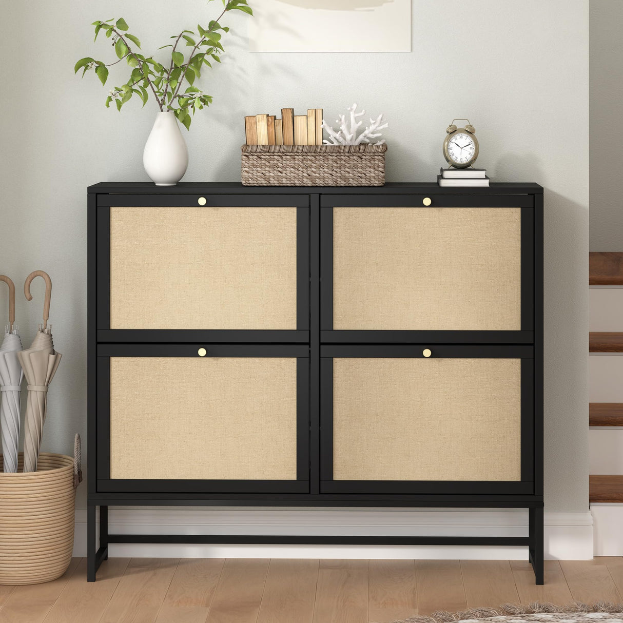 NVETHM Shoe Cabinet, Shoe Storage Cabinet with 4 Flax Flip Drawers and Mental Legs,Shoe Rack Free Standing Shoe Organizer for Entryway, Living Room (Black, 8-Tier) NVETHM