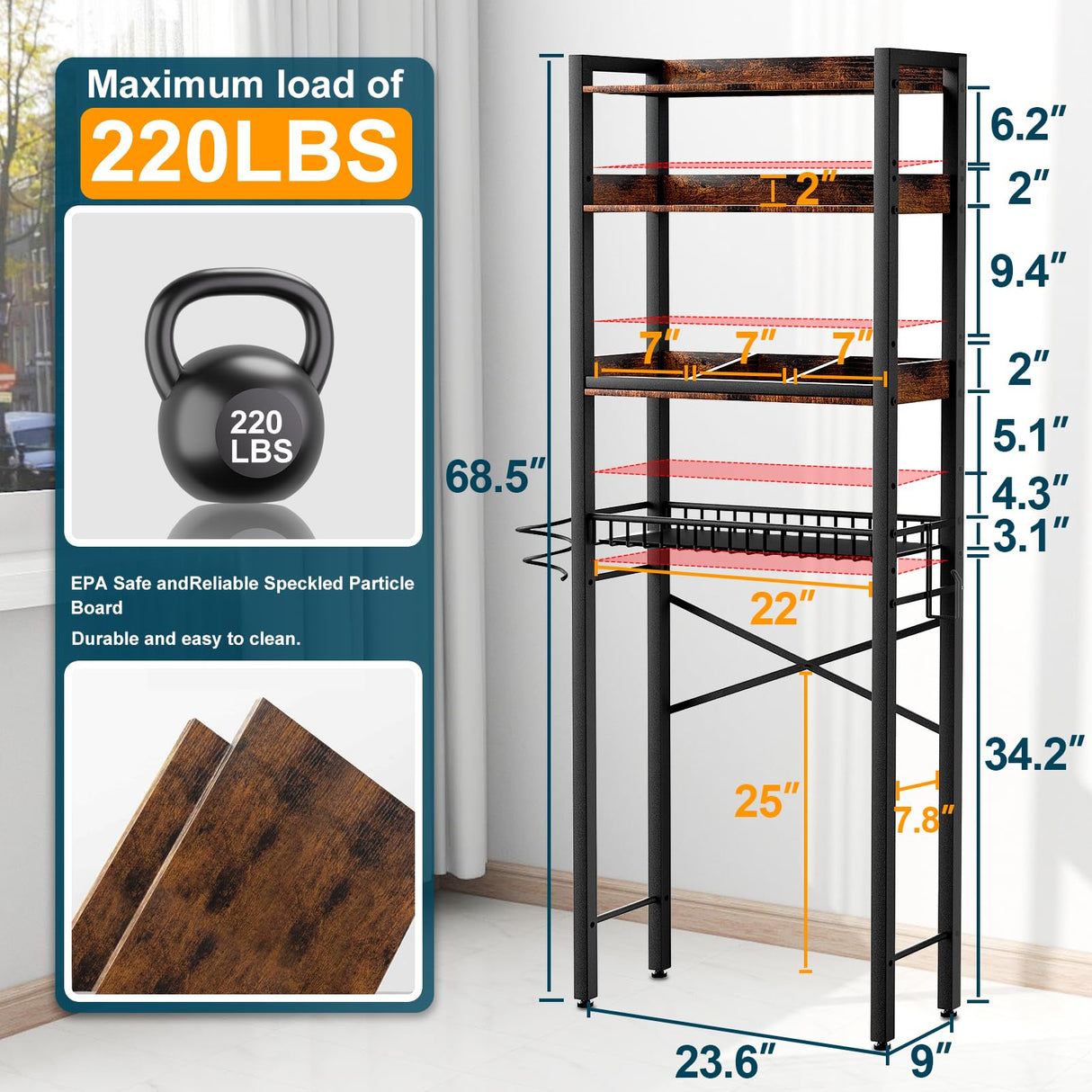 Over The Toilet Storage Cabinet,4 Tier Bathroom Organizers and Storage With Adjustable Shelf Waterproof Feet Pad and Basket ,Multifunctional Space Saver Freestanding Bathroom Shelves With Dividers Mlinavn