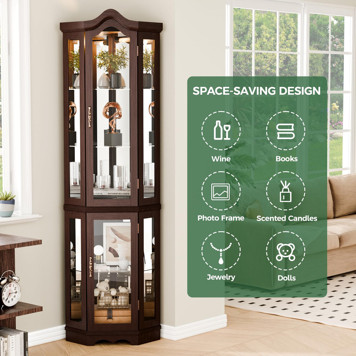 Trygoal 70" H Lighted Corner Curio Cabinet, Curved Wood Corner Cabinet with Tempered Glass Doors, Glass Display Case with Bulb for Living Room, Bedroom, Dark Cherry Trygoal