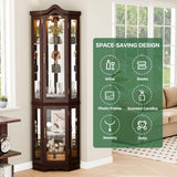 Trygoal 70" H Lighted Corner Curio Cabinet, Curved Wood Corner Cabinet with Tempered Glass Doors, Glass Display Case with Bulb for Living Room, Bedroom, Dark Cherry Trygoal