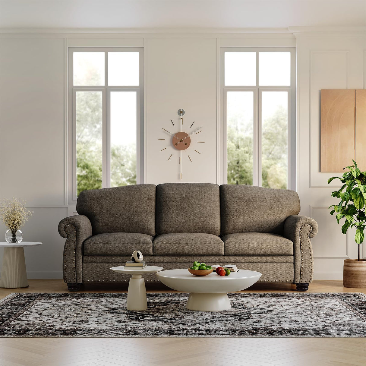 ONBRILL 90 Inch Nailhead Trim Couches for Living Room, 23" Deep Seat Rolled Arm Sofa, Comfy Upholstered 3 Seater Sofa, Chenille Couch w/Wooden Leg, Large Traditional Sofa for Bedroom, Farmhouse, Brown ONBRILL